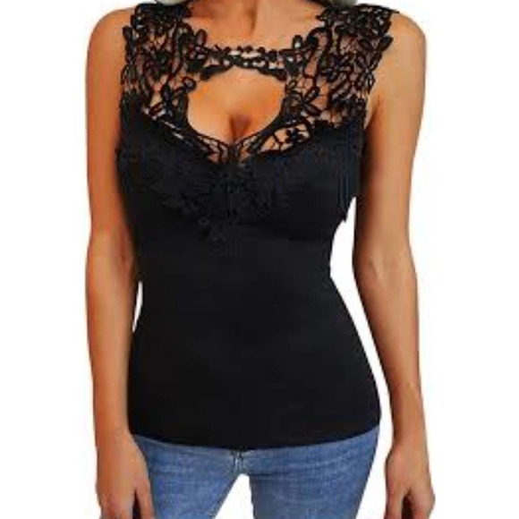 Fancyqube Black Sleeveless Top Floral Lace design - Picture 2 of 7